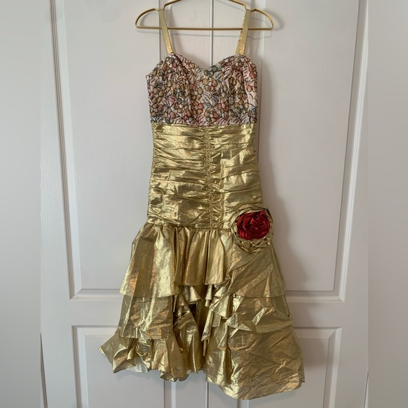 Vintage One Of A Kind Gold Gown With Flower Hand Beading Detailing Rose Dress!! - Picture 14 of 16